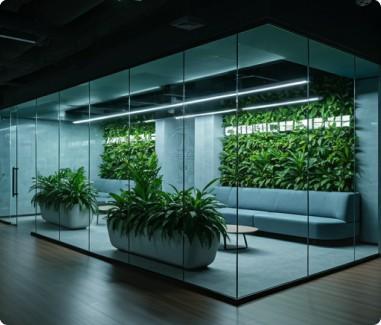 Gijon's glass-walled meeting room with a living plant wall, planters and low sofa seating