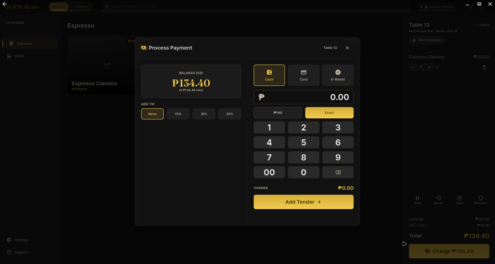 Coffee Rest POS payment screen, taking a cash payment for table 12 on a number pad