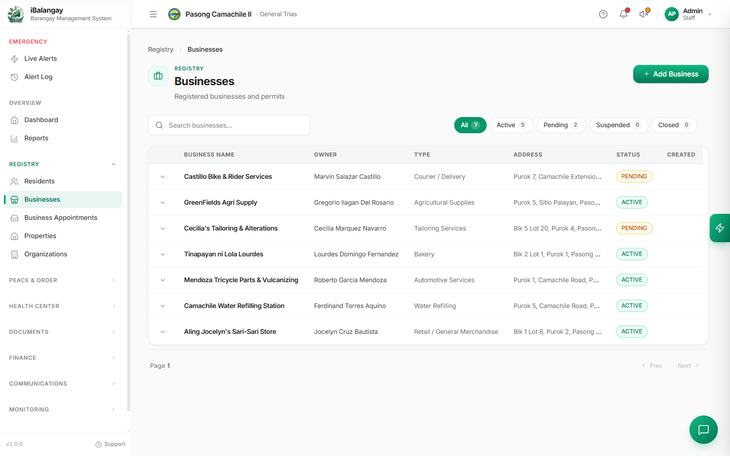 Screenshot of the iBalangay community management platform, screen 5 of 7