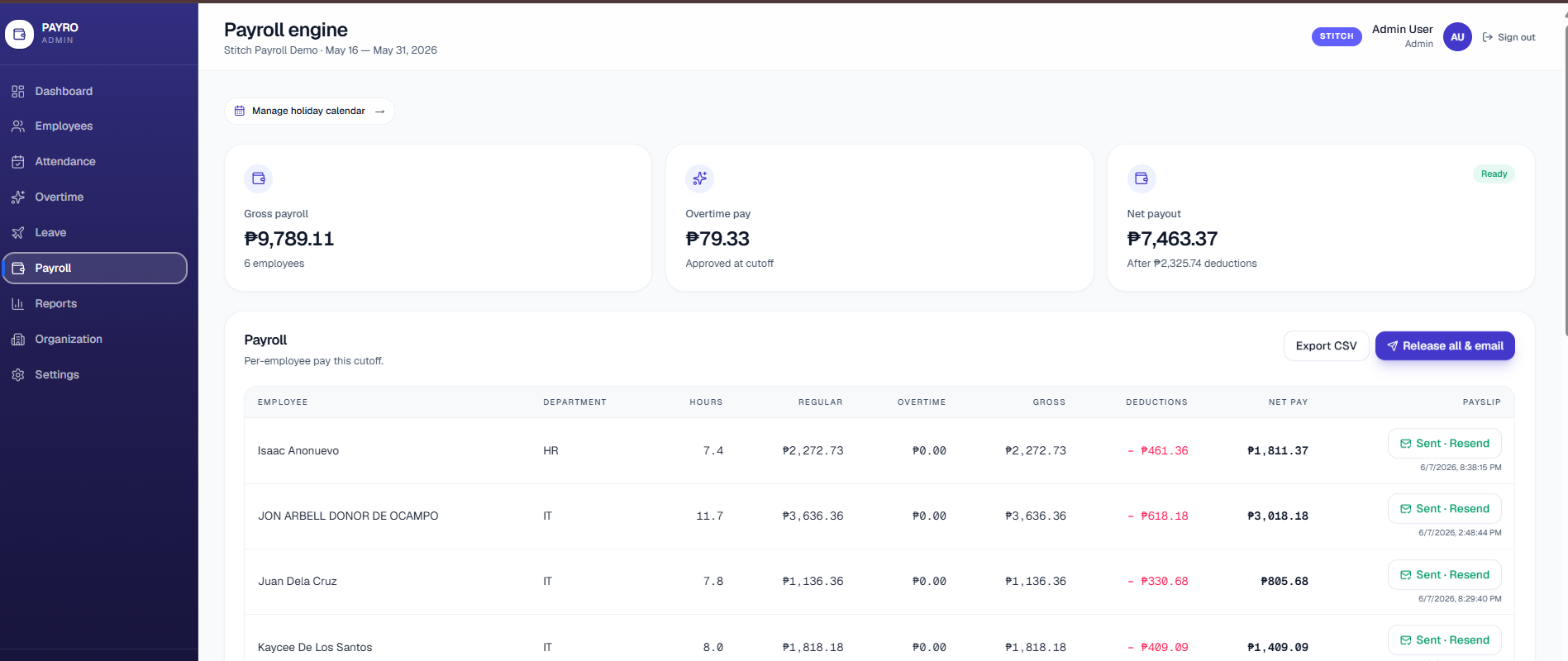 Screenshot of the PayRole human resource management system, screen 3 of 3