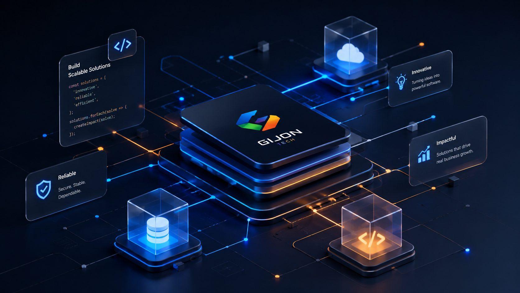 Isometric illustration of the Gijon Tech logo mark surrounded by connected code, cloud, database and analytics icons