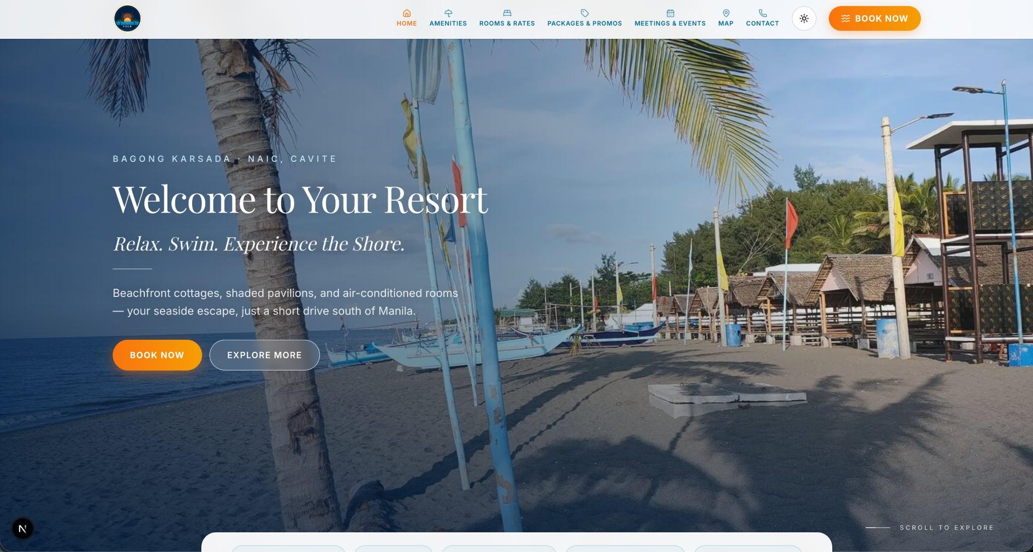 Your Resort website home page, with a beach photo under the heading Welcome to Your Resort