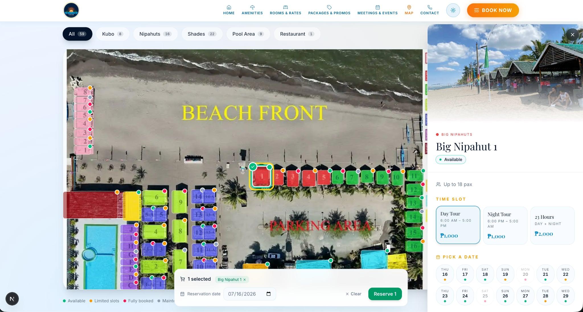 Your Resort reservation map, with beachfront cottages colour-coded by availability beside a booking panel