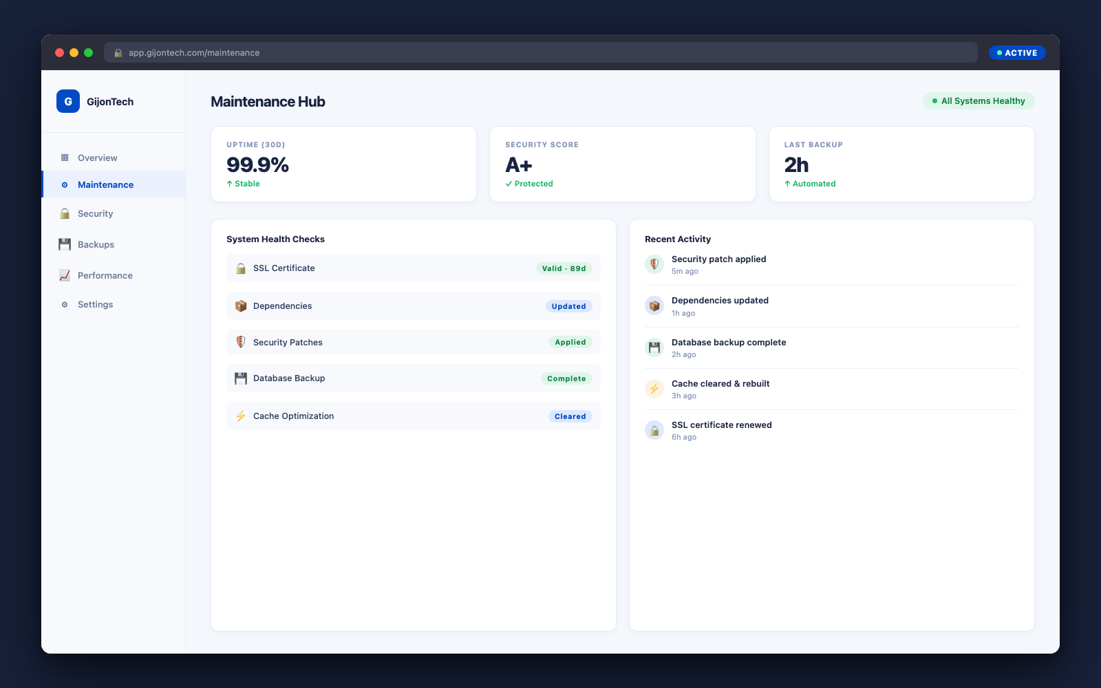 Maintenance hub dashboard showing system health checks and recent activity