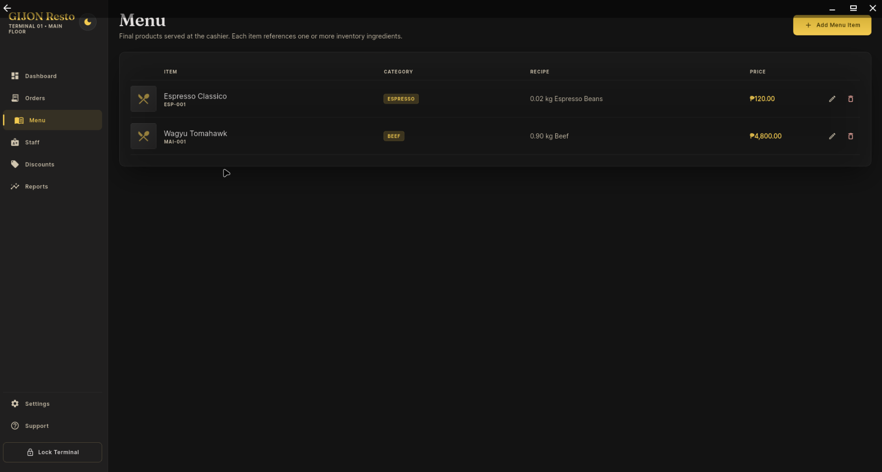 Screenshot of the Coffee Rest point of sale and inventory system