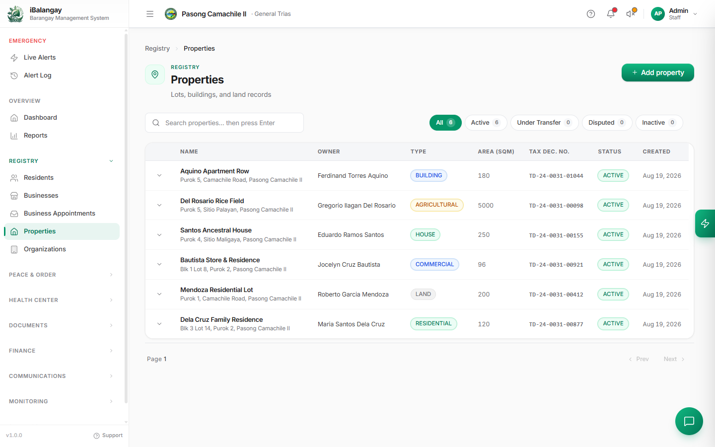 Screenshot of the iBalangay community management platform